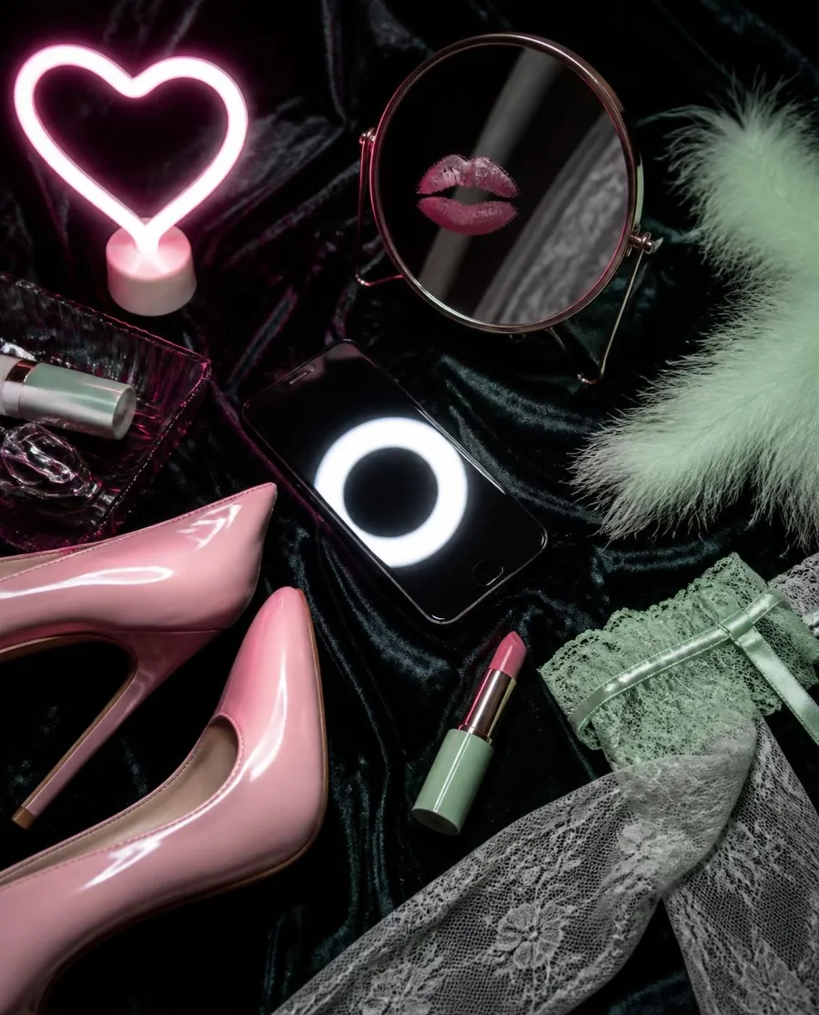 Creator flat lay: pink heels, neon heart, lipstick kiss, lace stockings and a phone ring light