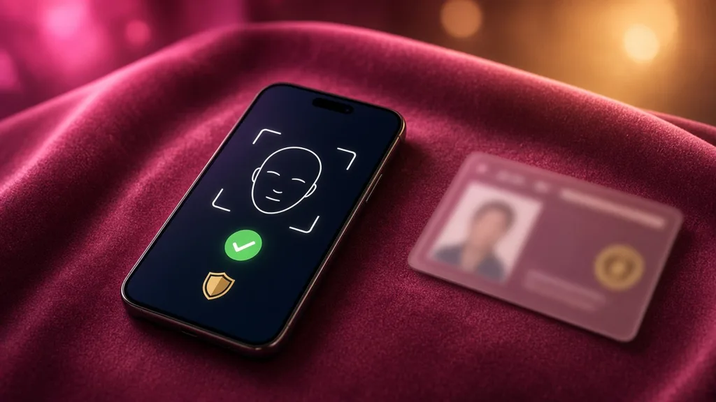 Smartphone showing a face scan frame with a green check next to a blurred ID card on pink velvet (AI-generated illustration)