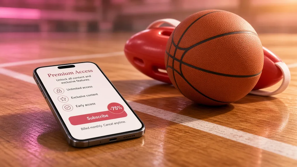 Phone with a subscription screen and a 75% discount badge next to a basketball and a red lifeguard buoy on a court (AI-generated illustration)