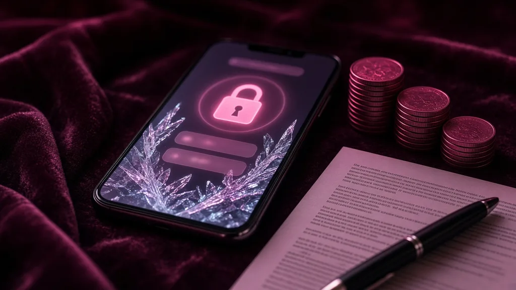 Phone with a locked, frozen payment screen next to coins and a contract: OnlyFans new terms November 2026