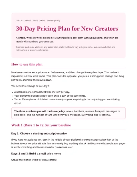 Cover of the free PDF guide 30-Day Pricing Plan for New Creators by Girls Lounge